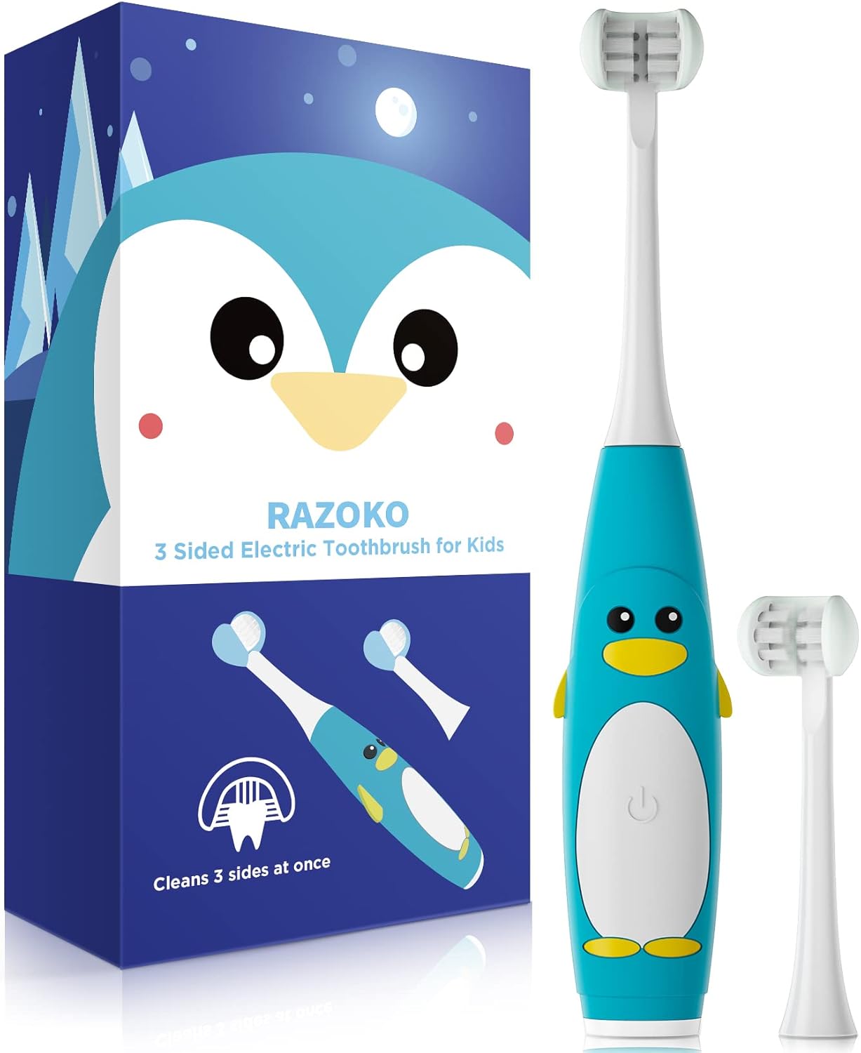 RAZOKO Kids Electric Toothbrush 3 Sided Toothbrush,Sonic Toddler Toothbrush with 2 Brush Heads, Intelligent Timer 5 Gears Adjustment,Ipx7 Waterproof,USB Cable
