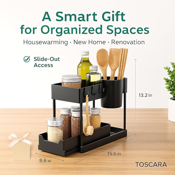 2-Tier Under Sink Organizer – Sliding Storage Rack with 4 Hooks & 1 Cup | Multi-Purpose Space Saving Shelf for Kitchen Cabinet, Countertop, Bathroom, Pantry & Office Organization, Black