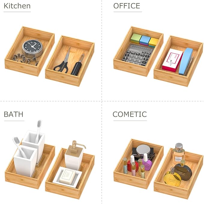 Bamboo Kitchen Drawer Organizer,Stackable Silverware Tray Utensil Organizer Cutlery Holder for Kitchen,Wooden Storage Box for Bathroom, Multi-Use Storage Bins Boxs Dividers for Office(9x6x2.5 inch）