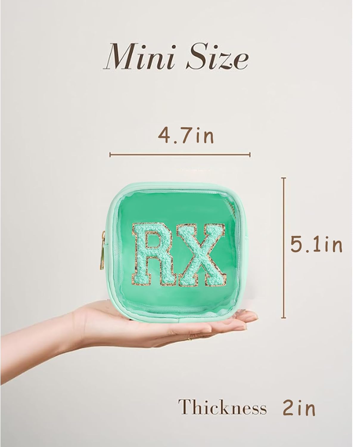 Small Chenille Letter Clear Medicine Makeup Bags,Nylon PVC Waterproof Rx Pouch with Metal Zipper, Cute Drug First Aid Travel Organizer for Women Girls(01Mint)