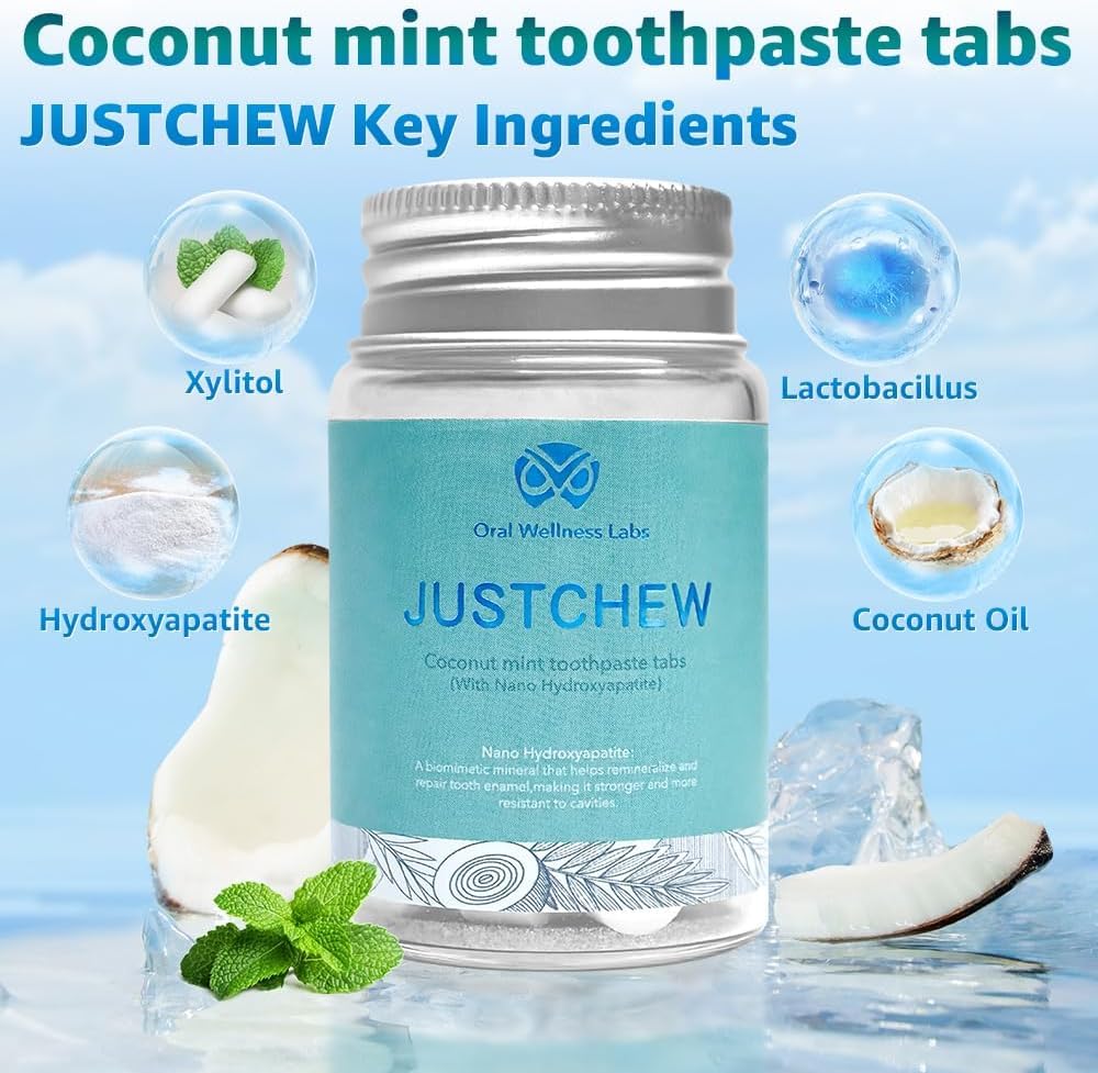 Toothpaste Tablets - Nano Hydroxyapatite,Fluoride & Plastic Free, Eco & Travel Friendly，Natural Whitening Toothpaste - Remineralize with NHA （2 Bottle / 2 Month-Coconut Mint）