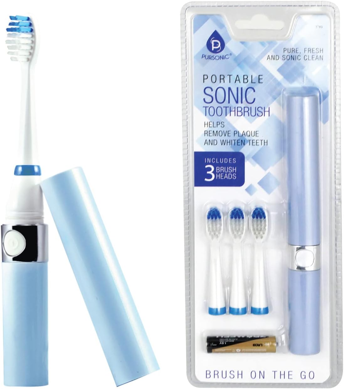 Pursonic Portable Sonic Toothbrush Battery Operated, Battery Included, 3 Brush Heads Included, 22,000 Strokes Per Minute, Brush On The Go (Blue)