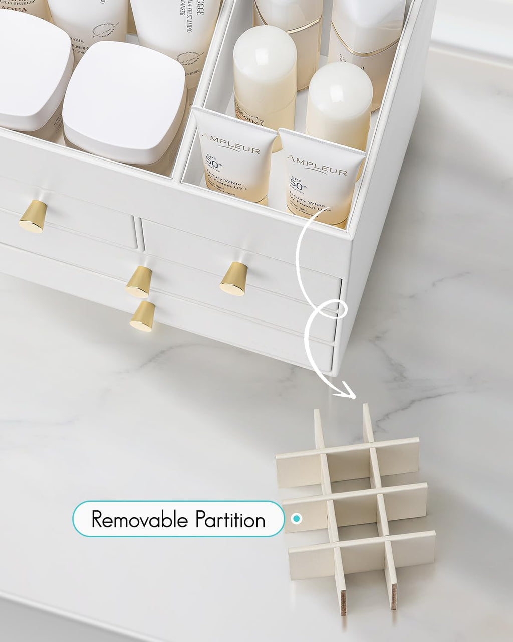 Vlando Makeup Organizer Countertop,Large Vanity Organizer PU Leather Make up Storage with 4 Drawers Skin care Organizer Cosmetic Display Case for Lipstick,Brushes,Bedroom-White