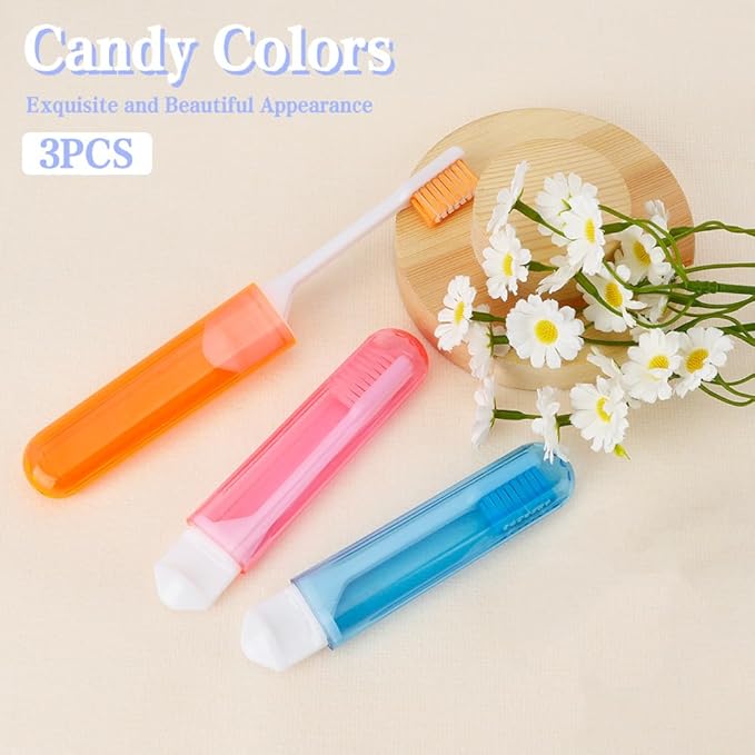 Travel Toothbrush 3Pcs Travel Toothbrush Set Mini Toothbrushes Soft Portable Toothbrushes Travels with Tooth Brush Cover Small Folding Toothbrush Individually Wrapped for Travels Home Orange Blue Pink