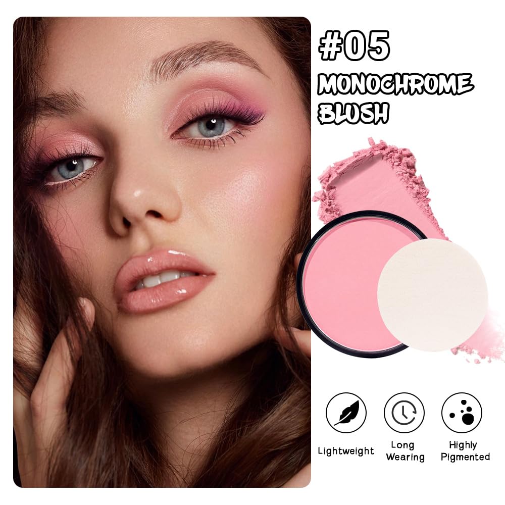 Natural Single Matte for Face Cheeks Blush with Makeup Powder Puff, Nude Pink Monochrome Blush Cream Powder Makeup Palette Blushes Long-lasting Color Blendable Foundation for Women Every Day 05