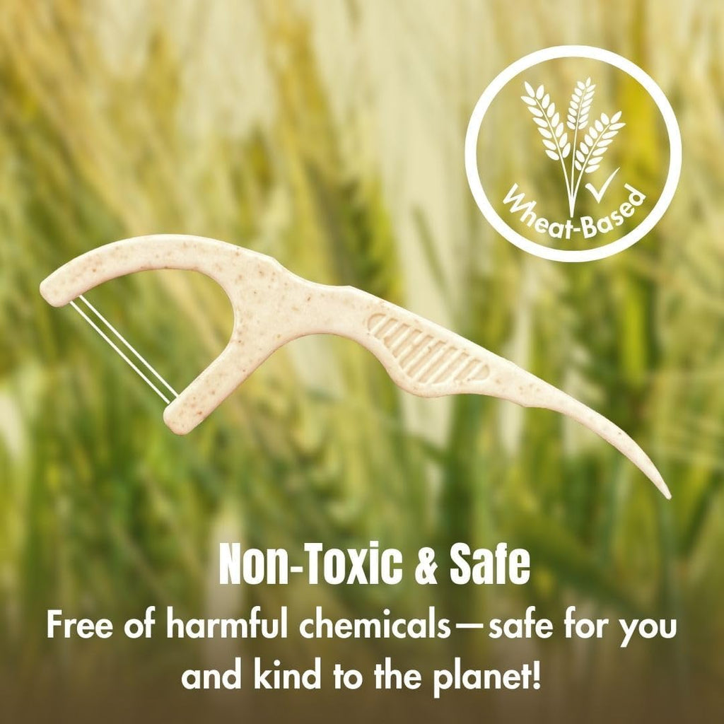 Twin Line Eco Floss Picks (220 Count) - Plant-Based Straw Wheat Floss Sticks with Travel Case | 2X More Effective Cleaning-Compostable Tooth Flossers, Thin & Shred Resistant Thread |