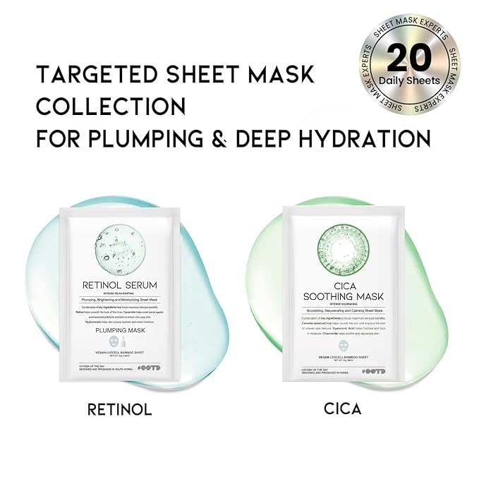 #OOTD Retinol + Hyaluron Serum Korean Sheet Mask Sheet Gift Pack [20 Count] Plumping Glowing Luminating Hydrating Rejuvenating Sheet Mask Gift Pack