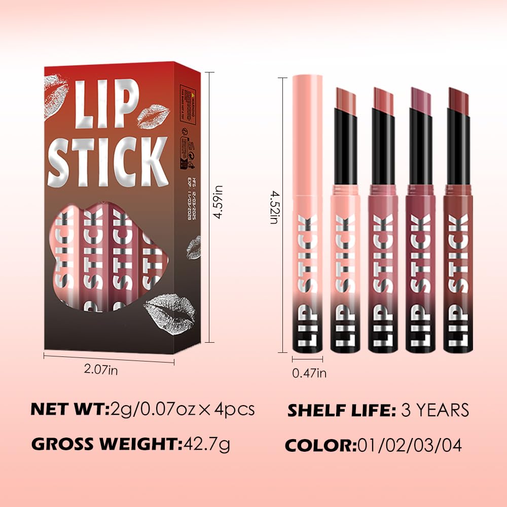 4Pcs Matte Lipstick Set for Women, Warm Pink Coral Red Purple Dark Red Lipsticks Lip Balm, Long Lasting Waterproof Transfer-Proof Vegan Lip Gloss Beauty Products Makeup All-Day Formula SetA01