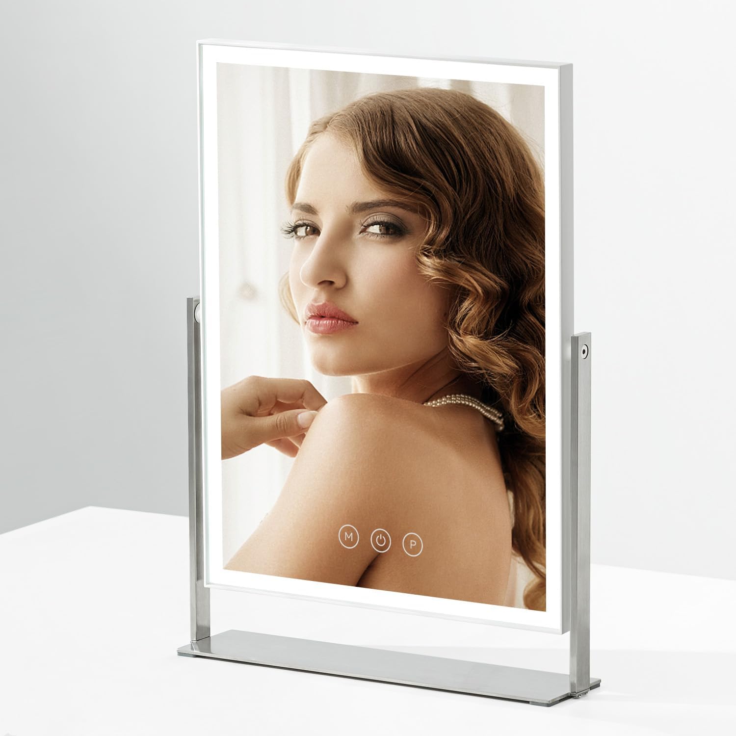 Rechargeable Vanity Mirror with Lights, Table Mirror with Stand, Makeup Mirror with 3 Colors and Brightness Adjustable, 3000mAh Battery, 14×10 Inch