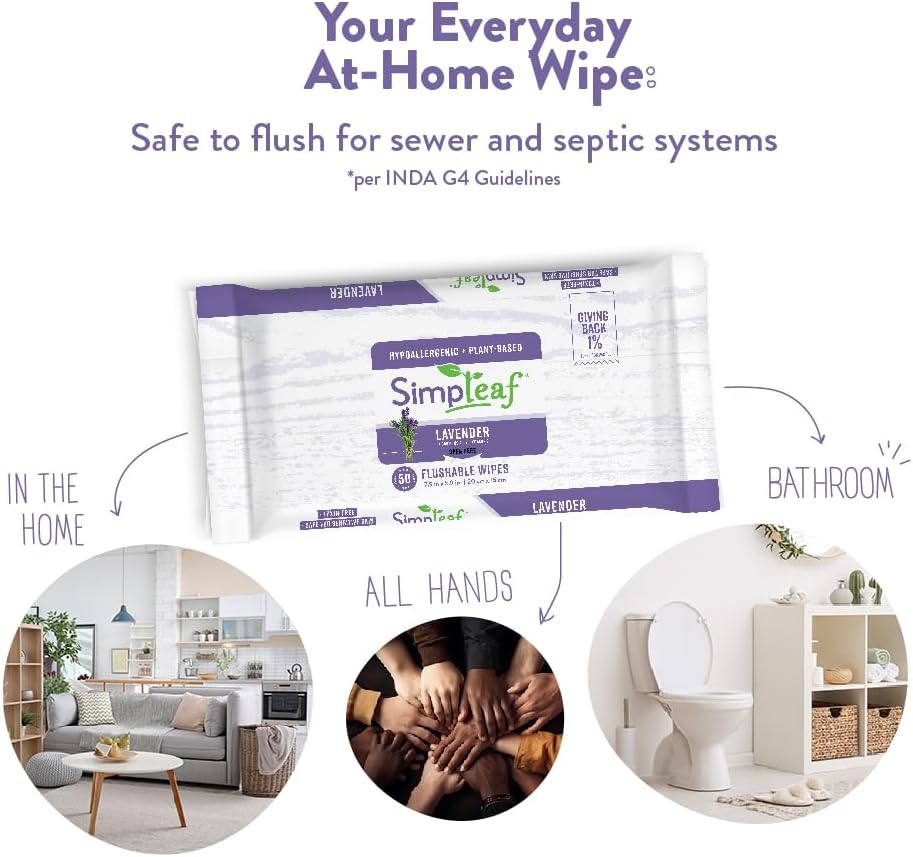 Simpleaf Flushable Wet Wipes Lavender | Plastic Free, Paraben & Alcohol Free | Hypoallergenic & Safe for Sensitive Skin | Soothing Aloe Formula | Adult Toilet Wipes (12 x 50 Counts Pack) 600 Counts