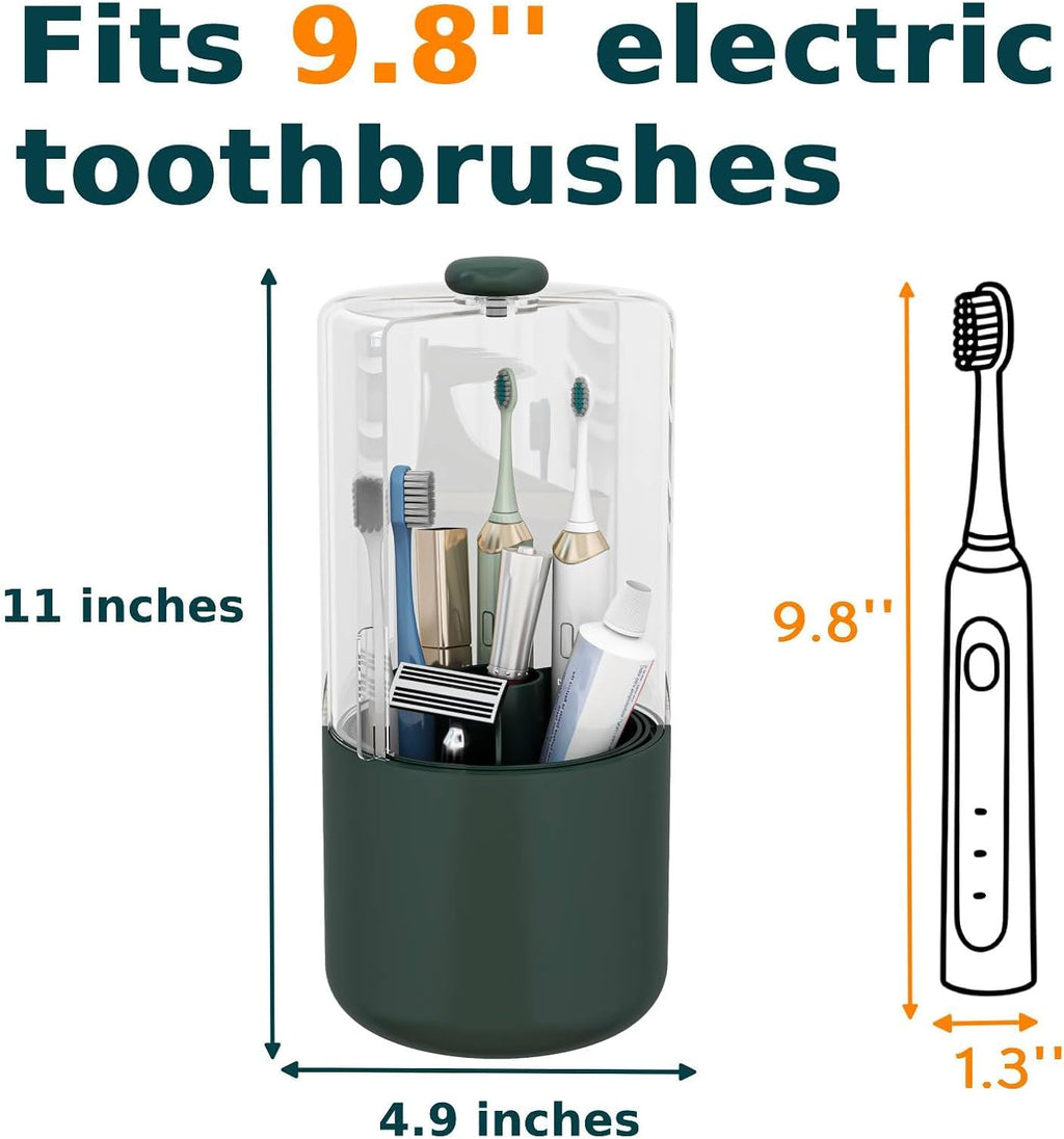 Toothbrush Holder with Cover 360 Rotating 4 Compartments Bathroom Toothpaste Electric Toothbrush Organizer, Dark Green