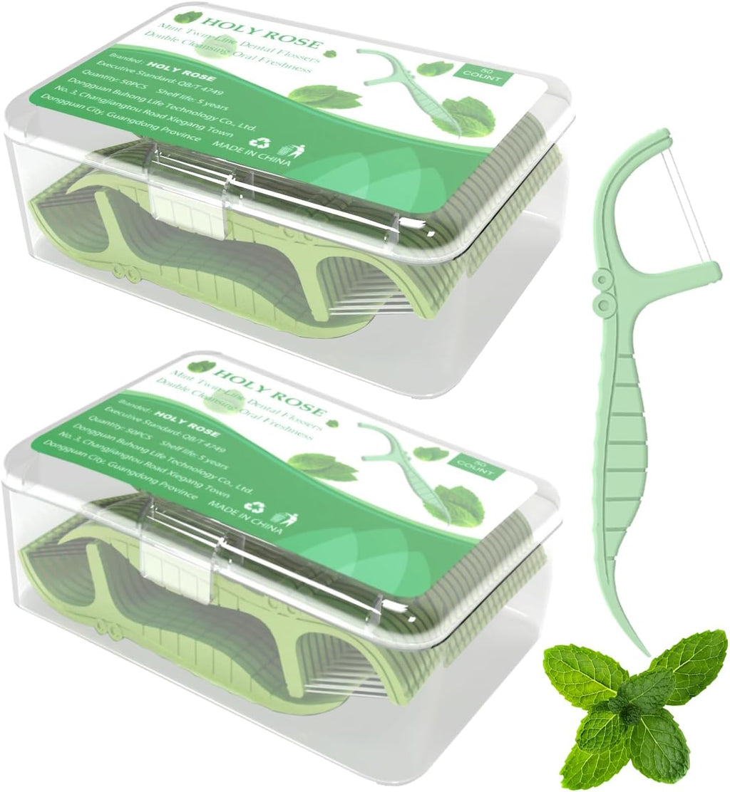 Holy Rose Dental Floss Picks Portable Case 2 Box with Twin-Line Flossers 100 Count,Mint Flavor,Dual Action Flossing Clean System,50 Count/Boxs,Easy Storage.