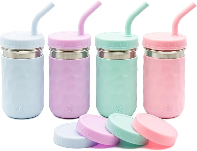 WeeSprout 2-in-1 Drinking Cups for Kids, Durable Stainless Steel Tumbler for Smoothies, Silicone Straws with Stoppers, Premium Plastic Twist Lids, Easy-Grip Sleeves, Set of 4 Dishwasher Safe Kid Cups