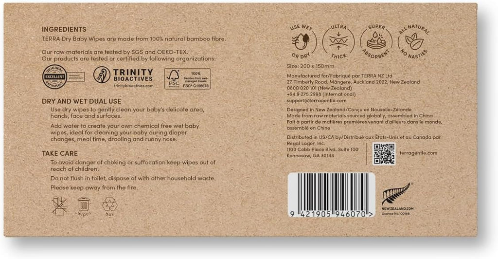 Terra Bamboo Dry Baby Wipes: Biodegradable Bamboo Fiber Wipes, Unscented, Sensitive Skin, 1 Pack of 48