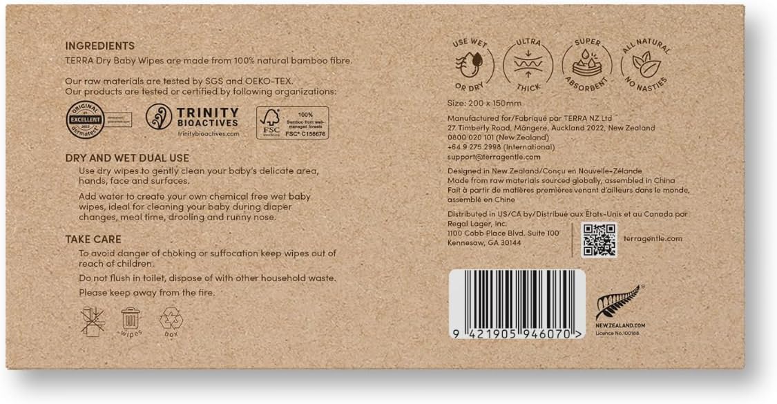 Terra Bamboo Dry Baby Wipes: Biodegradable Bamboo Fiber Wipes, Unscented, Sensitive Skin, 1 Pack of 48
