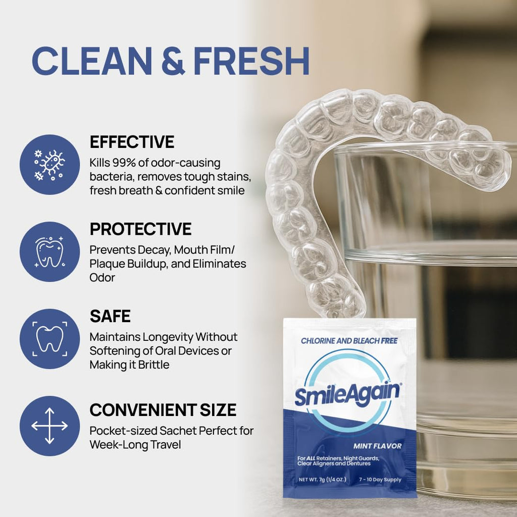SmileAgain Retainer Cleaner - 180-220 Cleanings 22 Pack/6 Month Supply - for Clear Aligners, Dentures, Mouth Guards & Night Guards - Our Oral Appliance Cleaner & Denture Care Powder - Mint Flavored