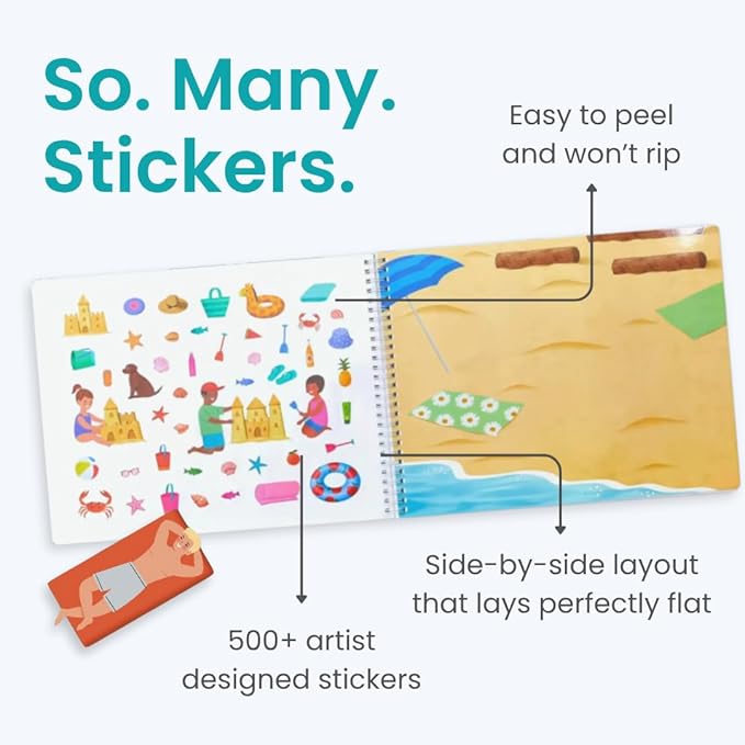 CUPKIN Sticker Book for Kids 2-4, 500+ Kids Stickers, Beach Day 12 Coloring Pages 12 Side by Side Scenes, Fun Toddler Travel Activity Coloring and Sticker Books for Children Ages 4-8 + 8-10