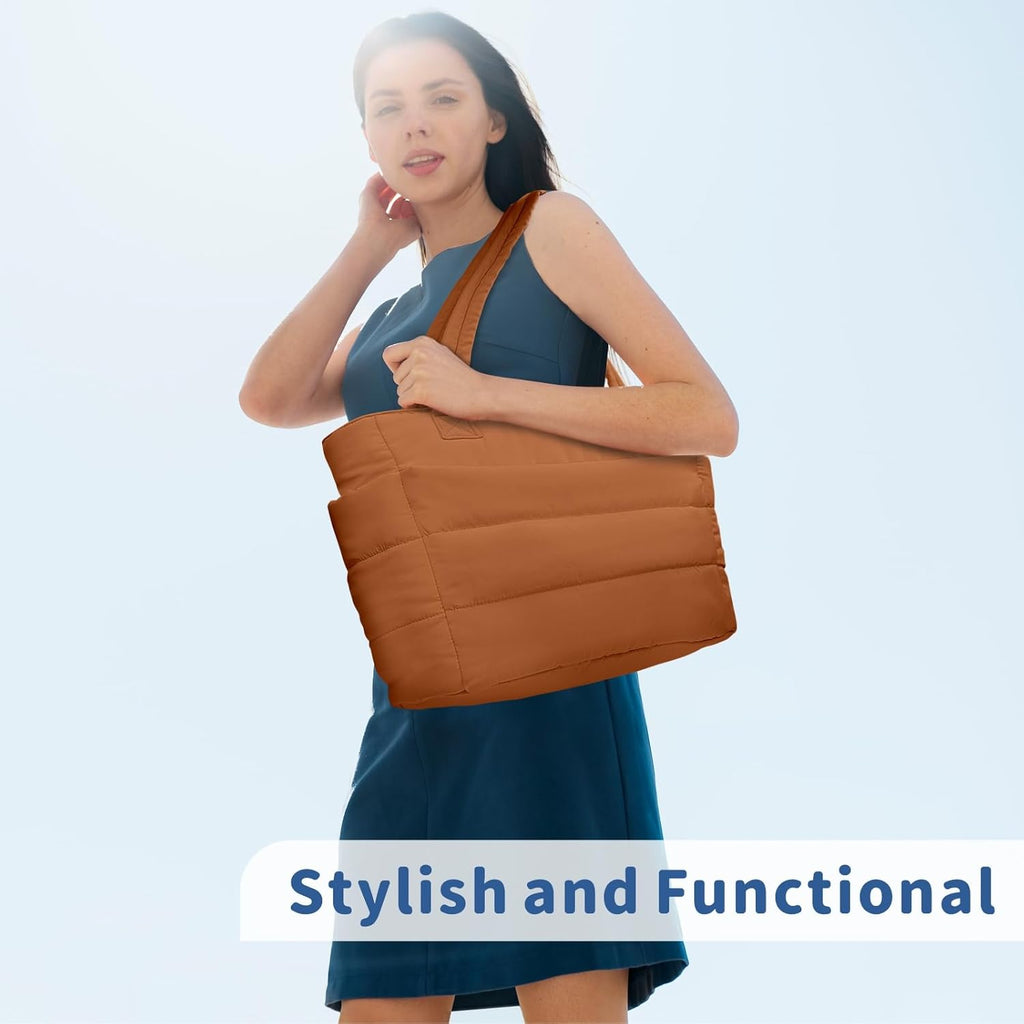 TOPDesign Puffer Tote Bag for Women, Lightweight Puffy Handbag with Compartments, Quilted Shoulder Bag for Work, Travel, Gym