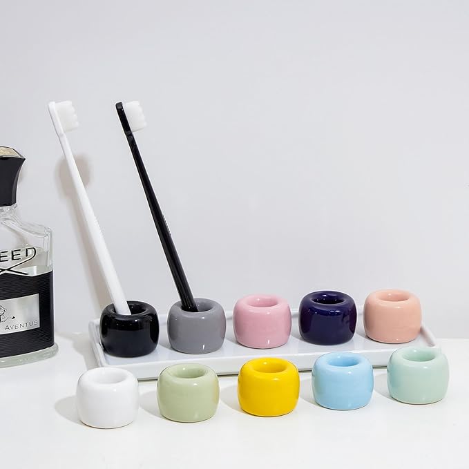 AirMoon Mini Ceramic Toothbrush Holder for Bathroom - Peach Small Countertop Organizer, Easy Clean Toothbrush Stand, Suit for Electric Toothbrush Head, Pens & Coffee Spoon, Pack of 2