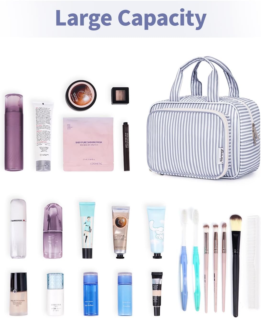 Narwey Large Travel Toiletry Bag for Traveling Women, Cosmetic Makeup Bag Make Up Organizer, Striped Travel Bag for Toiletries with Handle (Greyish Blue Stripe)