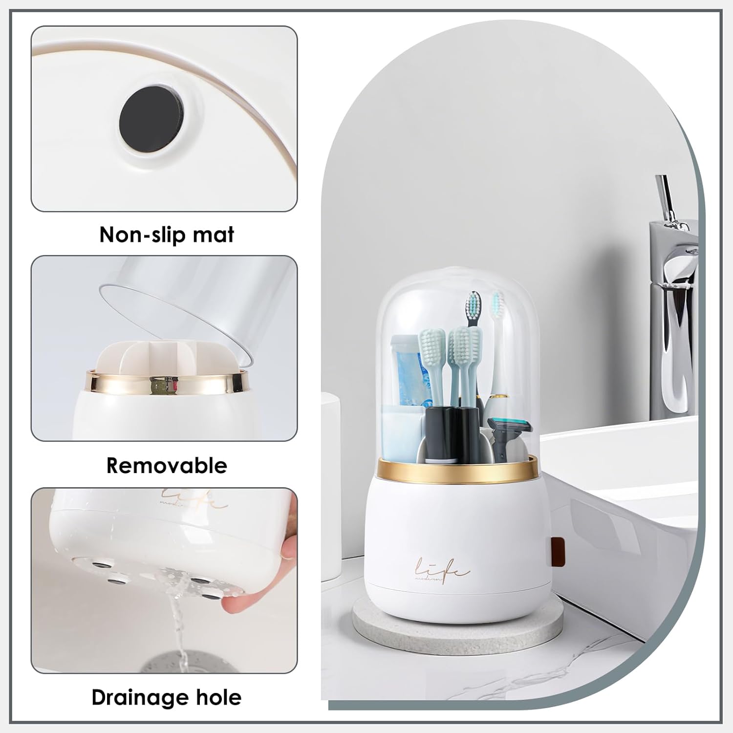 EXIN DECHEN Toothbrush Holders with Cover for Bathrooms, 360° Rotating 7-Slot Draining Water for Placing Kids Electric Toothbrushes,Toothpaste,Razors,Bathroom Counter Dresser Vanity Organizer(White)