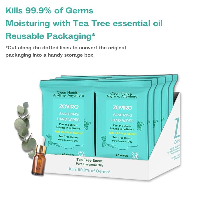 Zoviro Hand Sanitizer Wipes, Moisturizing With Tea Tree Essential Oil, Ultra-Soft 100% Viscose, Hand Wipes Travel Size, Tea Tree Scent, 20 Count (Pack of 10)