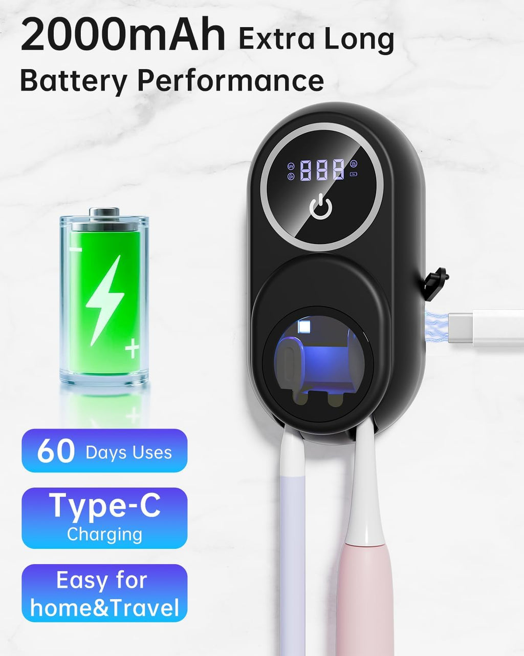 Toothbrush Holder & Toothbrush Cleaner, UV Toothbrush Sanitizer and Holder 2 Slots, Cleaning and Fan & Heat Drying, LED Smart Screen, Wall Mounted Tooth Brush Holder for Bathrooms (Black)