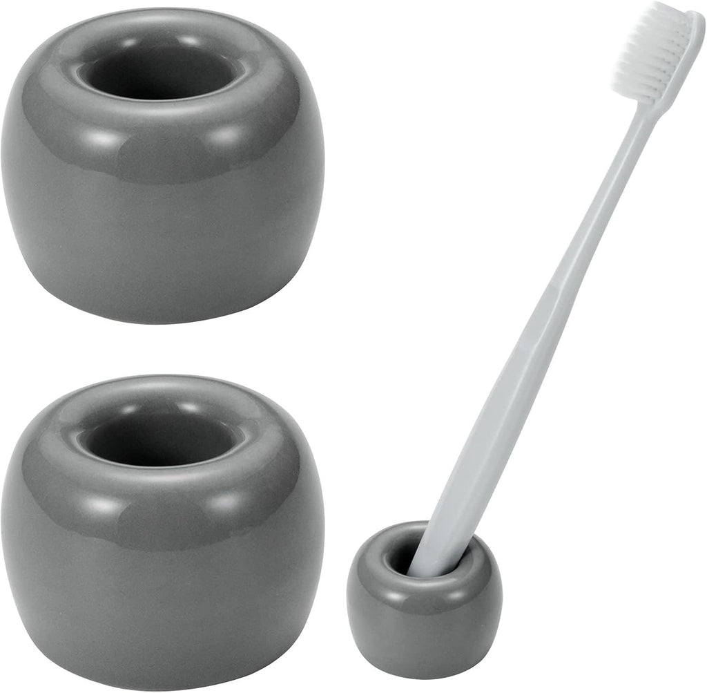 Mini Ceramic Couple Toothbrush Holder, Hand-Made Bathroom Toothbrush Holder, Electric Toothbrush Head Holder and Office Pen Holder 2-Piece Set (Gray)