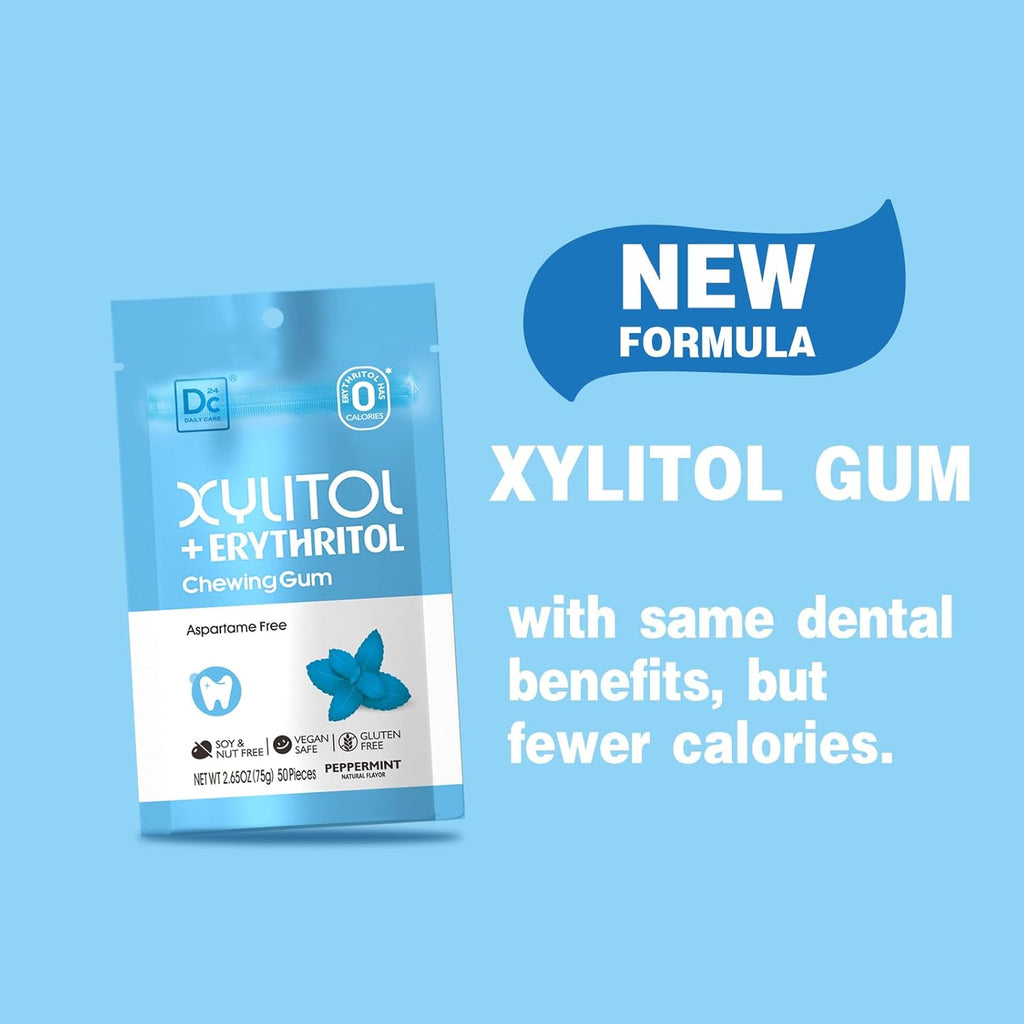 DC24 DAILY CARE Gum, Aspartame Free & Sugar Free Gum, Xylitol Chewing Gum with Erythritol, Low-Calorie, Sugarless, Natural Peppermint, 50 Pieces (Pack of 3)