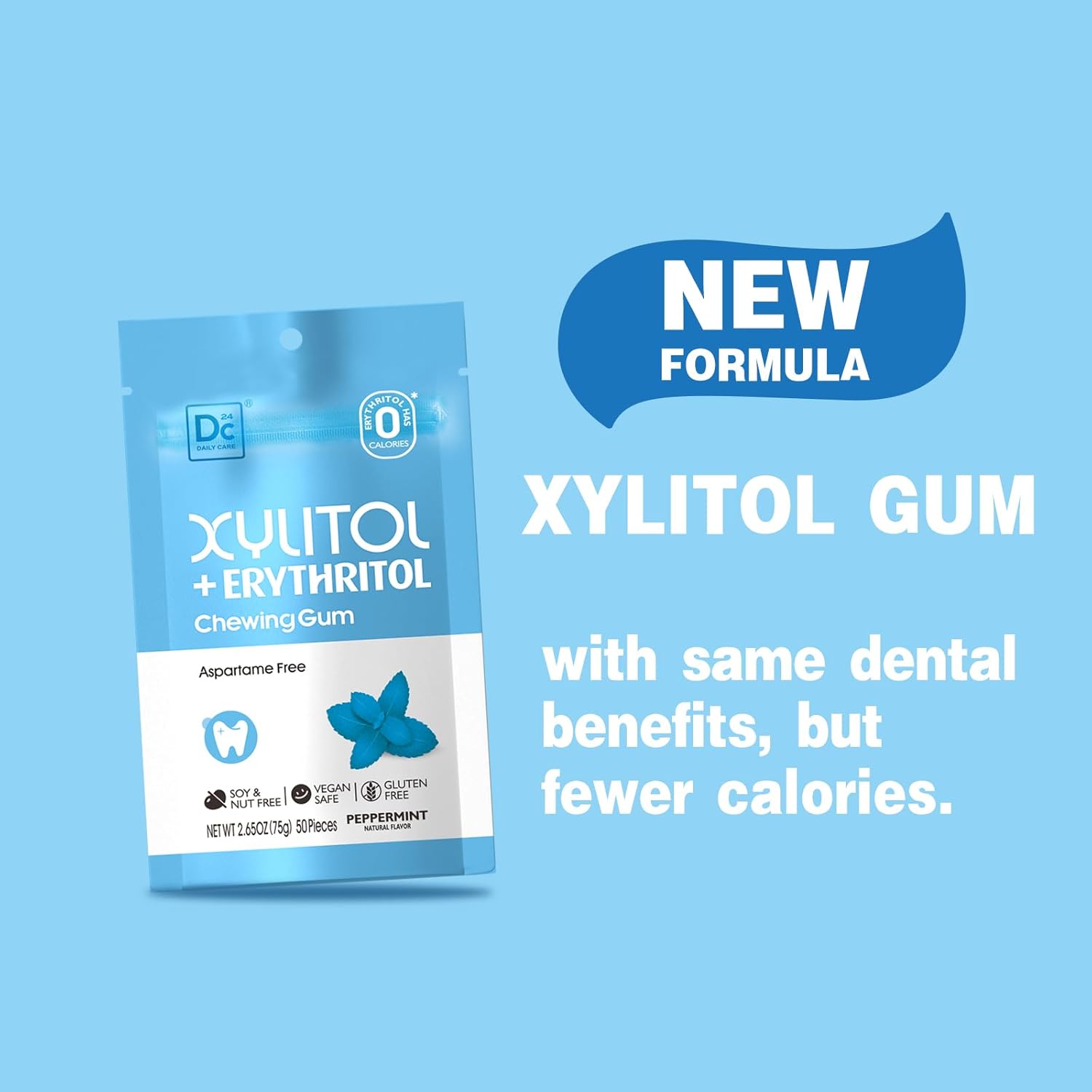 DC24 DAILY CARE Gum, Aspartame Free & Sugar Free Gum, Xylitol Chewing Gum with Erythritol, Low-Calorie, Sugarless, Natural Peppermint, 50 Pieces (Pack of 3)
