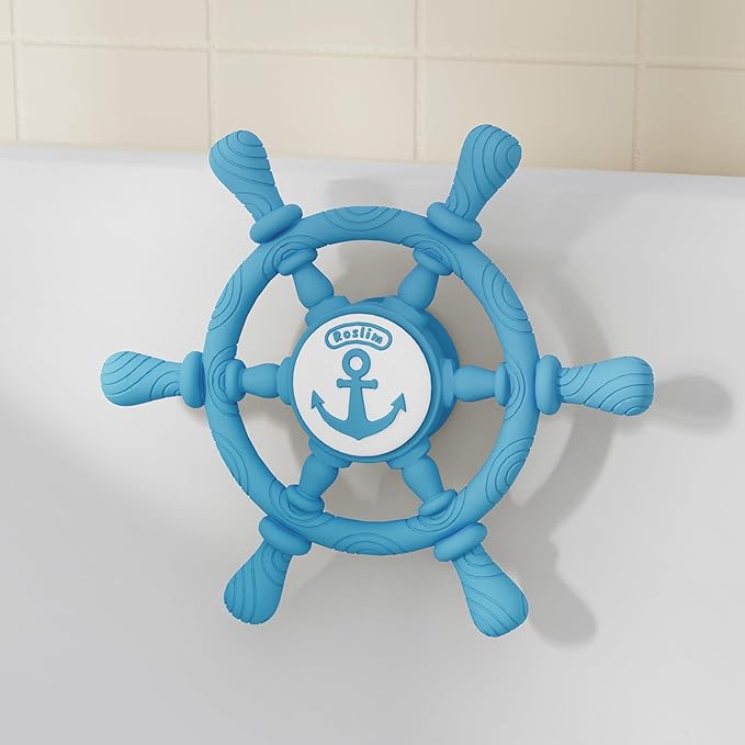 Bathtub Suction Spinner Toys - Silicone Bath & High Chair Sensory Toy for Babies & Toddlers, Novelty Spinners with Suction Cup, Car Window Travel Toys (Ship Steering Wheel Toy - Bubble Blue)