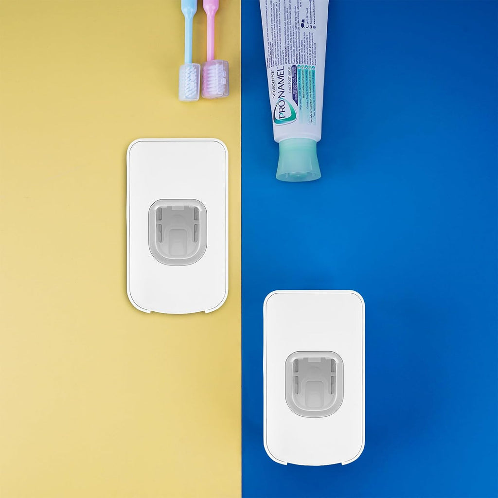 2 Slot Toothbrush Holder and Toothpaste Dispenser Wall Mounted, Automatic Toothpaste Squeezer, 2 in 1 Tooth Brush Toothpaste Organizer for Shower (White 2pack)