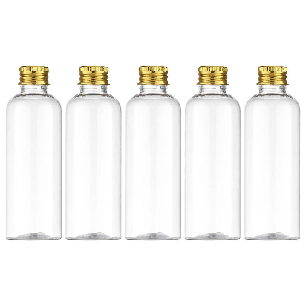 Tekson Plastic Travel Size Bottles 3.4 oz, Mouthwash Bottle, Refillable Containers for Cosmetic with Gold Screw Cap for Travel Essentials (100ml, Clear)