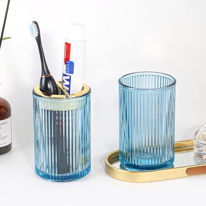 Toothbrush Holders for Bathrooms, 2pcs Glass Toothbrush Holder, 12oz Bathroom Tumbler and Mouthwash Cup, Tooth Brush and Toothpaste Organizer for Bathroom Vanity Countertop (Blue Gold)