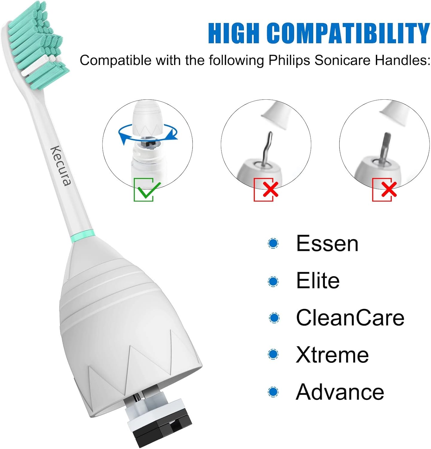 Replacement Brush-Heads Compatible with Philips Sonicare: e-Series Toothbrush Heads HX7022/66 fits Essence & CleanCare Electric Brush Handles, 6 Pack