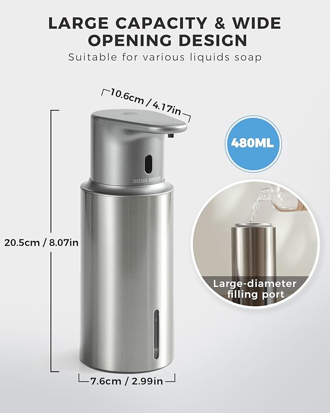 Automatic Foaming Soap Dispenser Touchless, 16.2oz/480ml Rechargeable, 3 Adjustable Liquid Levels, IPX7 Waterproof, for Kitchen Bathroom, Stainless Steel