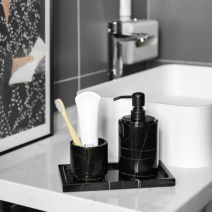 Natural Smooth Real Marble Toothbrush Holder for Bathroom & Countertops Organizer Makeup Brush Holder Black