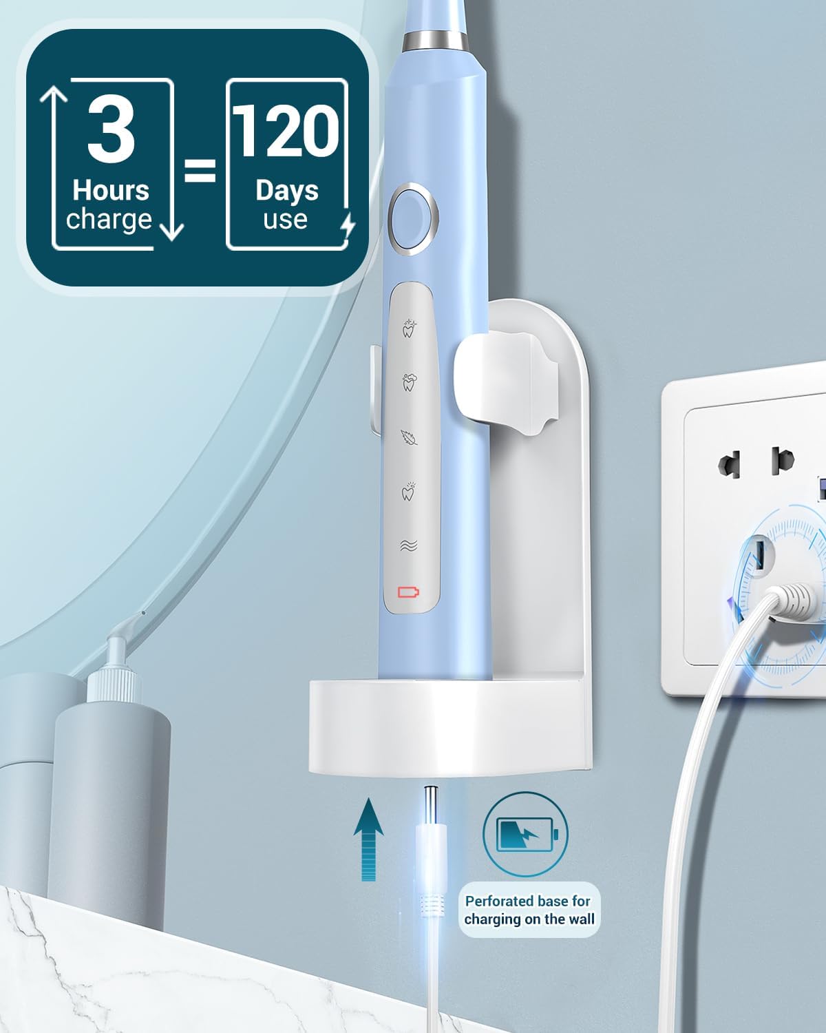 Rtauys Rechargeable Sonic Electric Toothbrush for Adults with 8 Heads, Travel Case, Whitening - Light Blue
