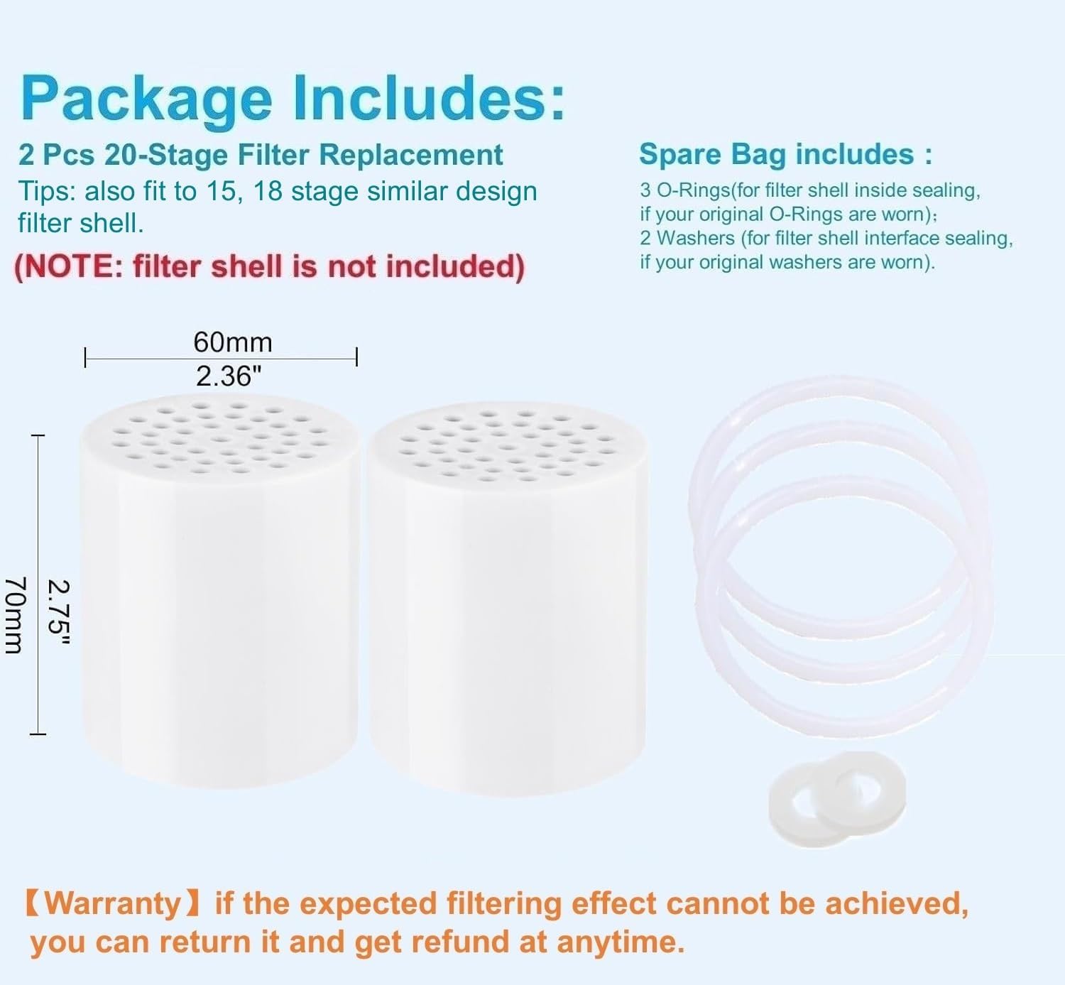 2 Pc Luxau 20 Stage(Also Fit 15, 18 Stage) Shower Filter Replacement Cartridge, Shower Head Filter Refill, for Hard Water Chlorine Heavy Metal, Skin Hair, Fit Any Similar Design Shower Water Filter