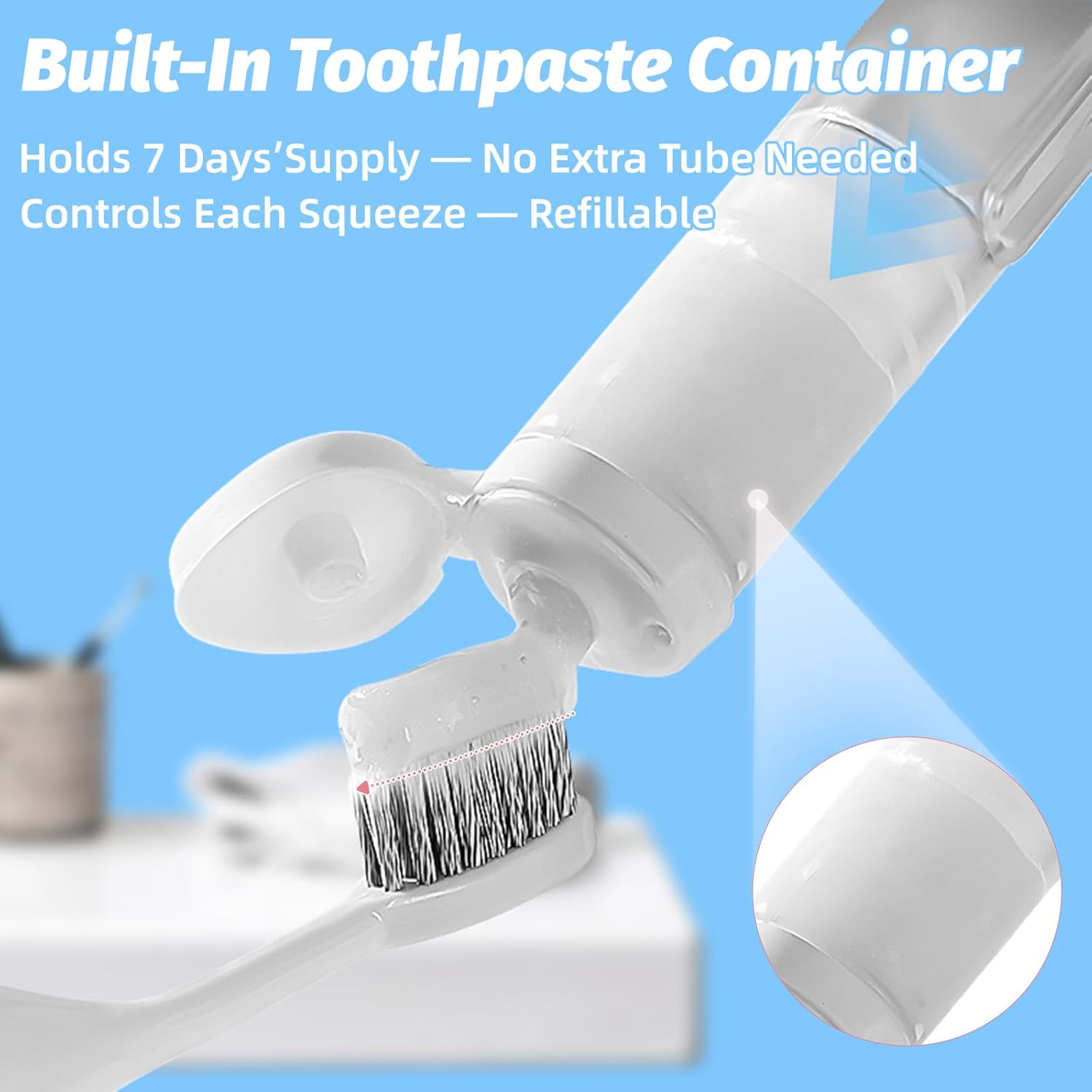 Travel Toothbrush with Built-in Toothpaste Container, Foldable Toothbrush with 2 Soft Brush Head, Portable Reusable Toothbrushes for Business Trips, Camping, Travel Size（White）