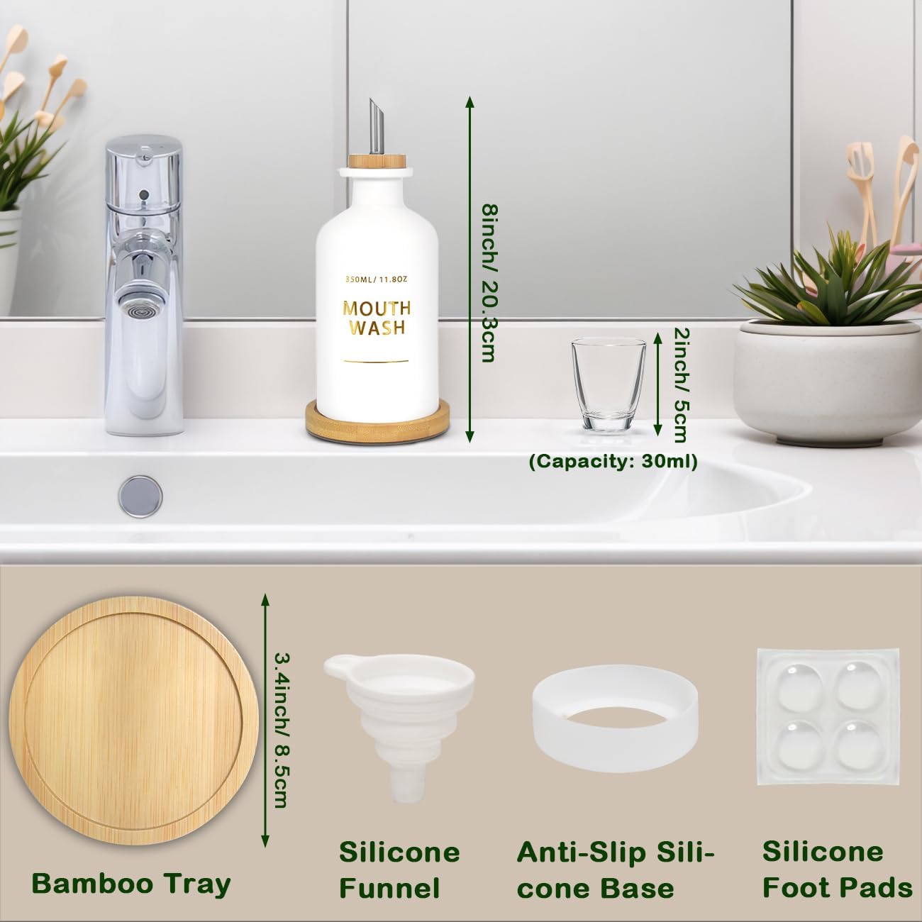 Mouthwash Dispenser for Bathroom 11.8oz – Glass Mouthwash Bottle with Cup & Bamboo Tray, Gold Hot-Stamped Lettering, Nordic Style Countertop Accessory, White Bathroom Accessories (White)