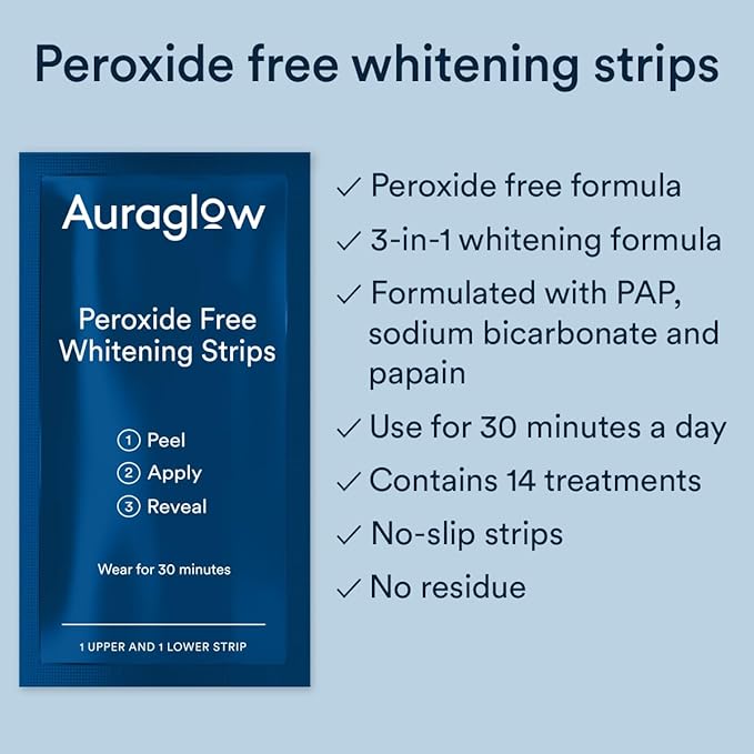 Auraglow Sensitive Teeth Whitening Strips, Peroxide Free White Strips, 14 Whitening Treatments, Whitens Teeth Without Sensitivity, Removes Years of Stains, 28 Strips, Mint