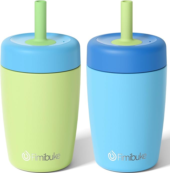 Fimibuke Kids & Toddler Cups Spill Proof, 12 OZ Insulated Sippy Cups for Toddlers Boys Girls, BPA-Free Toddler Straw Tumbler, Stainless Steel Kids Water Bottle with Twist Lids & Silicone Straw, 2 Pack