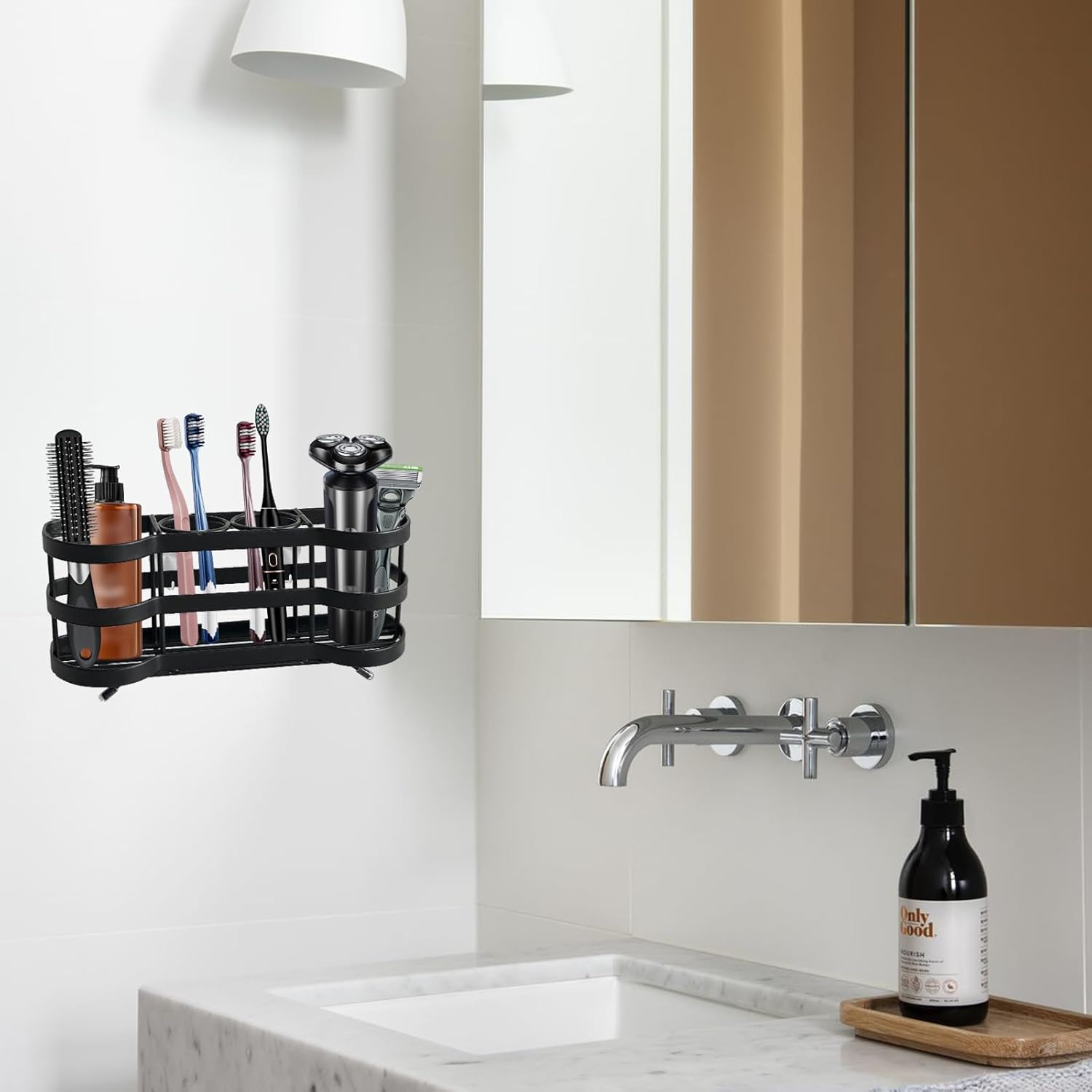 Wall Mount Toothbrush Holder for Shower Stainless Steel Toothbrush Stand, Self-Adhesive Wallmount/Countertop 4 Slots Bathroom Accessories Organizer (Black 1)