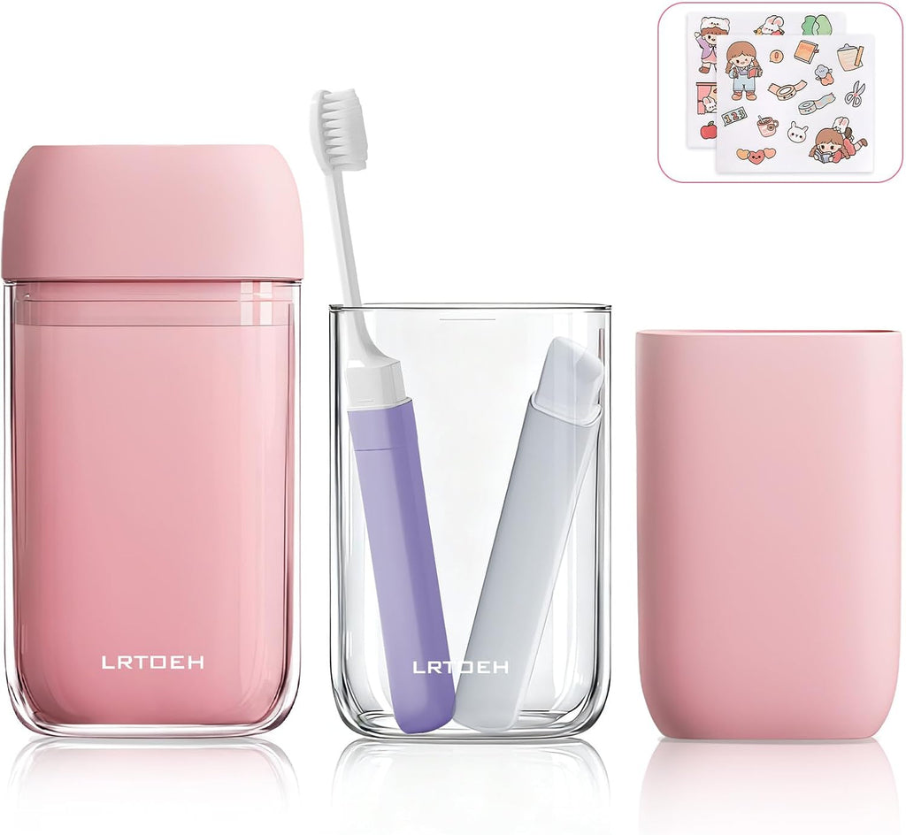 Travel Toothbrush Cup Set, Portable Travel Wash Cup with Foldable Toothbrush, Small Toothbrushes Case Holder with Cover, Lightweight Mini for Hiking, Business Trip (Pink)