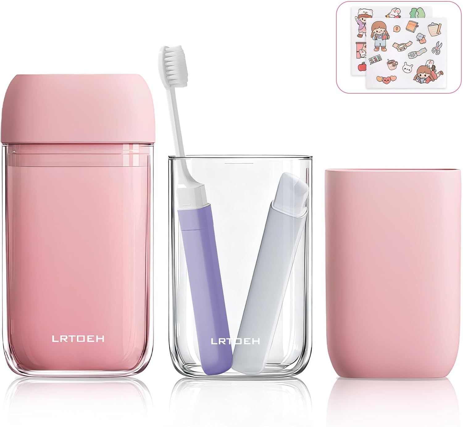 Travel Toothbrush Cup Set, Portable Travel Wash Cup with Foldable Toothbrush, Small Toothbrushes Case Holder with Cover, Lightweight Mini for Hiking, Business Trip (Pink)