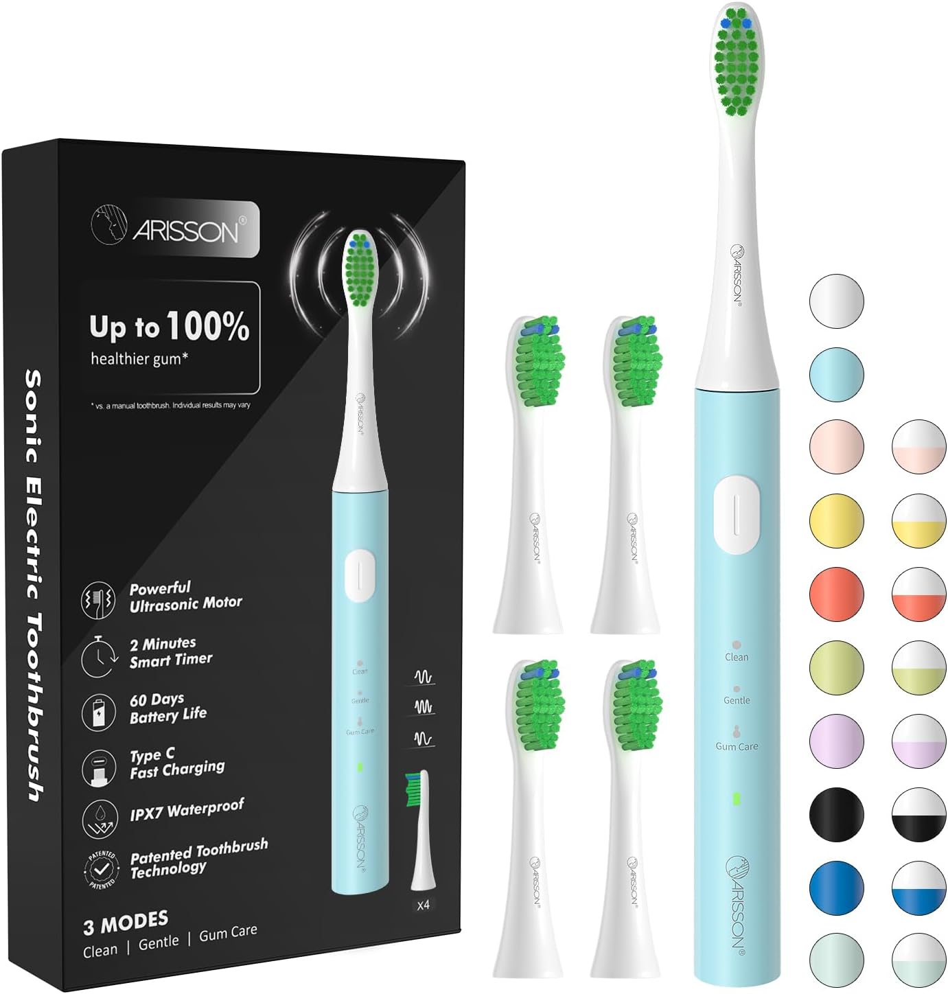 ARISSON Sonic Electric Toothbrush for Adults and Kids, 40,000 VPM Power Toothbrush, 1.5H Fast Charge Ultrasonic Electric Toothbrushes with 2 Minutes Smart Timer, White on Jet Stream