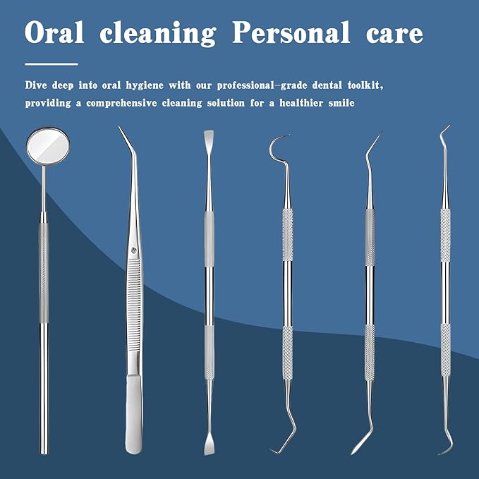 6 Pieces Dental Tools Set, Professional Stainless Steel Dental Hygiene Cleaning Kit with Case, Including Dental Mirror, Plaque Tartar Remover for Teeth, Tweezers, Probe, and Pick Scaler for Oral Care