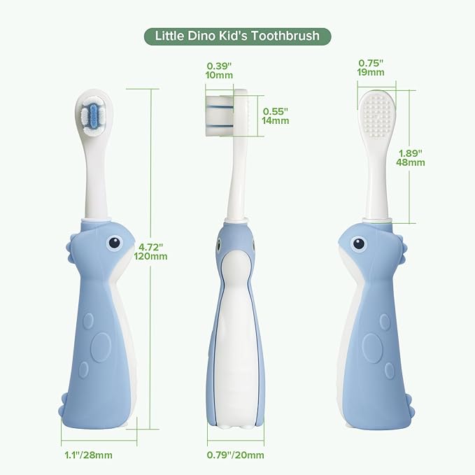 haakaa Dinosaur Toothbrush for Kids 2-4 – Soft Bristles Baby Toothbrush with Silicone Handle, Non-Slip Grip & Tongue Cleaner | BPA-Free, Fun Training for Toddlers - Blue, 1 Count