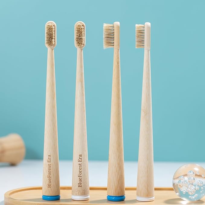 4 Pack Boar Bristles & Bamboo Toothbrush, Premium Natural Boar Bristle Toothbrushes for Adult, Plastic & Nylon Free, Fully Biodegradable Compostable Bamboo Tooth Brushes